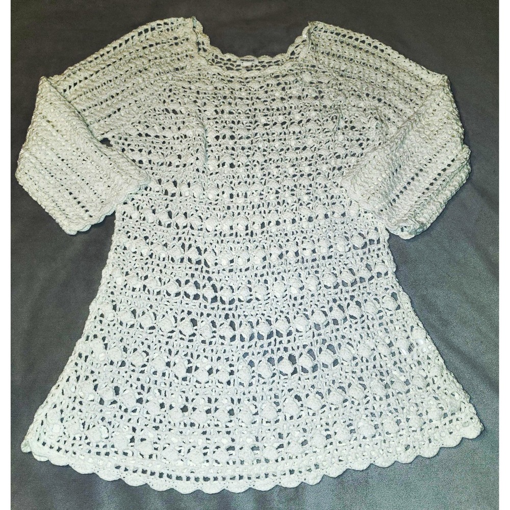 Westport Women XL Ivory Crochet Tunic Top Open Knit Boho 3/4 Sleeve Cotton